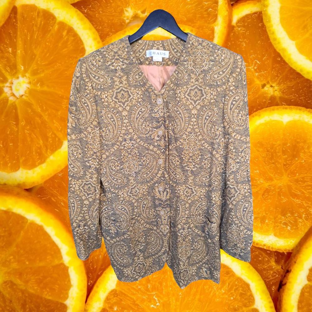 Chaus Tan/White/Blue Paisley Button Down Long Wool‎ Blend Blazer Size 10